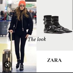 SOLD! Zara Women Black Flat Buckled Studded Sock Ankle Boot Size 9